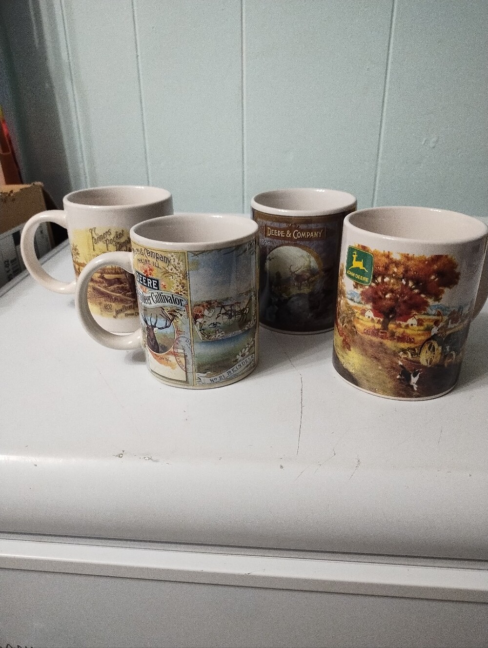 Vintage John Deere Cream & Brown Farm Scene Nostalgic Collector Mugs (Set of 4)